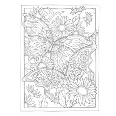 a coloring page with flowers and butterflies