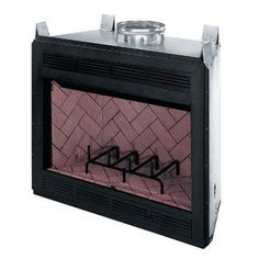 a black fireplace with pink tile on the top and bottom, in front of a white background