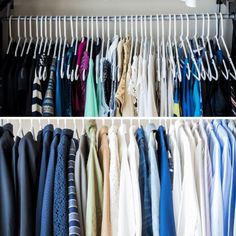 an organized closet with clothes hanging on rails and folded shirts in different colors, shapes and sizes