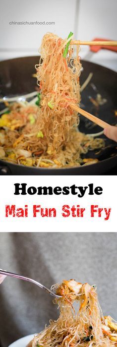 someone is eating noodles with chopsticks in a bowl and the words, homestyle mai fun stir fry