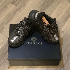 Only Worn Once. Great Condition Versace Shoes, Mens Shoes Sneakers, Limited Time, Black Silver, Versace, Men's Shoes, Shoes Sneakers, Sneakers, Silver