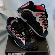 Black Grey Red Black Sneakers With Red Sole For Skateboarding, Black Dynamic Skate Shoes With Rubber Sole, Black Urban Skate Shoes With Red Sole, Osiris D3 2001 Outfit, Swaggy Clothes, Osiris D3, Osiris Shoes, Dvs Shoes, Shoes Inspiration