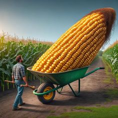 a man pushing a wheelbarrow with corn on the cob