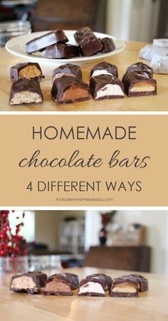 homemade chocolate bars on a wooden table with text overlay that reads homemade chocolate bars 4 different ways