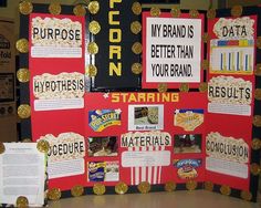 a bulletin board with popcorn written on it and some other items around the board that are labeled in gold glitters