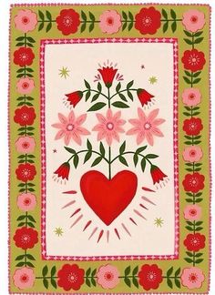 a red heart surrounded by pink flowers on a green and white background with an embroidered border