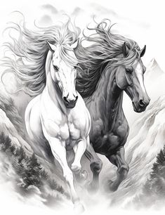 two horses are running in the mountains with their hair blowing in the wind as if they were chasing each other