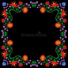 a square frame with colorful flowers and leaves on black background, suitable to be used as a