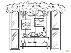 a bedroom with a bed and curtains on the window sill, in black and white