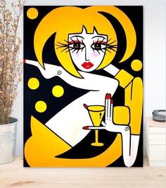 a painting with a woman holding a wine glass in front of her face, on a table