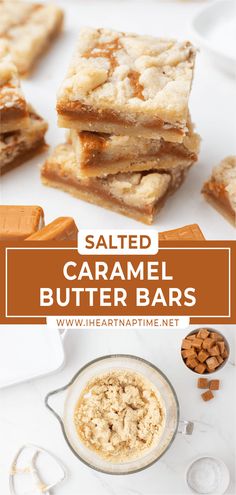 salted caramel butter bars stacked on top of each other with the text overlay