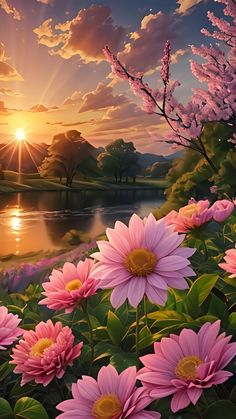 a painting of pink flowers in front of a lake with the sun setting behind them