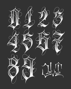 some type of calligraphy that is in the style of gothic letters and numbers, all with