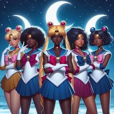 four girls dressed in sailor costumes standing next to each other on the beach at night