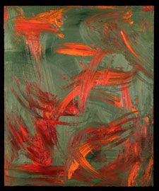 an abstract painting with red, green and orange paint strokes on it's surface