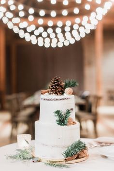 a white wedding cake with pine cones and greenery on top sits on a table