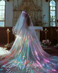 a woman in a wedding dress standing at the alter with her veil draped over her head