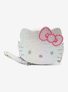 Hello Kitty Rhinestone Face Crossbody Bag | Hot Topic Hello Kitty Rhinestone, Rhinestone Face, Star Wars Ahsoka, Cutout Sweater, Girly Car, Her Universe, Disney Star Wars, Gift Card Shop, Shiny Silver