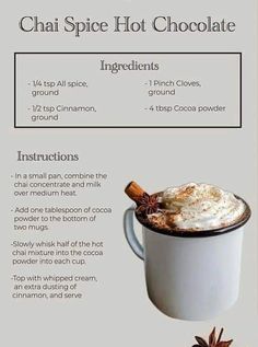 an info sheet describing how to make chai spice hot chocolate in a coffee cup