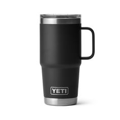 the yeti travel mug is black and silver