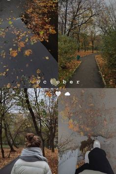 four different pictures with the same person sitting on a bench in front of trees and leaves