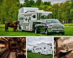 a horse trailer is parked in the grass