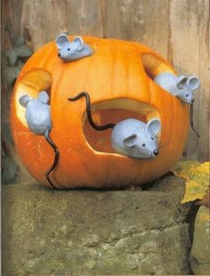 two mouse mice in a pumpkin shaped like a cat and mouse on it's side