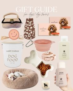 the gift guide for dogs and their owners is shown with its products, including a dog bed