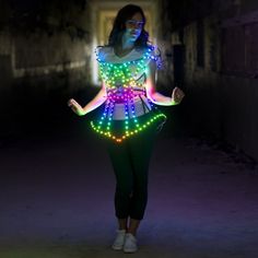 Smart Light up go go dress clothing - Cage dress "Iris" - by ETERESHOP Glowwave Outfits, Led Outfit, Glow Party Outfit, Go Go Dress, Light Up Clothes, Iris Fashion, Cage Dress, Led Clothing, Gogo Dress