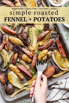 someone is holding a fork over some roasted fennel and potatoes