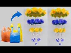 three bags with flowers hanging from them, one is blue and the other has yellow