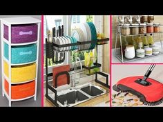 there are many different types of kitchen items in this collapsible display rack