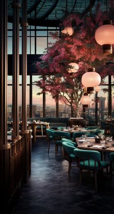 a restaurant with tables and chairs in front of large windows overlooking the city at sunset