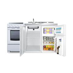 an open refrigerator and freezer combo with the door open to show its contents inside