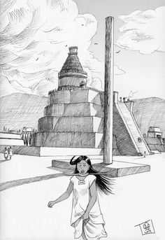 a black and white drawing of a girl standing in front of a building