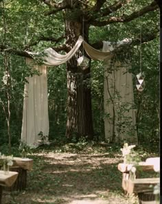 an outdoor wedding setup with draping and tables under a tree in the woods