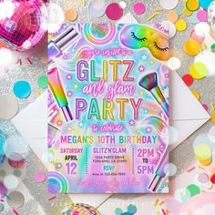 a party flyer with confetti, balloons and streamers on the table for a glitz and glam party