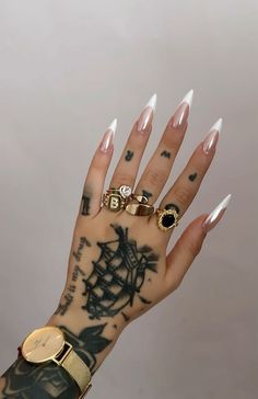 French Stiletto Nails, Cardi B Nails, Stiletto Nails Designs, Dope Nail Designs, Long Acrylic Nails Coffin, Almond Acrylic Nails, Glam Nails, Woman Style, Pink Acrylic Nails