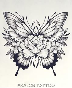 a black and white drawing of a butterfly with flowers on it's back side