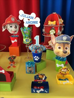 the table is set up with paw patrol themed items