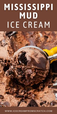 a scoop of ice cream sitting on top of a pile of dirt with the text mississippi mud ice cream