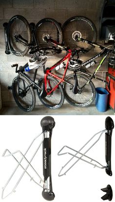 there are many bikes and tools in this garage with the bike rack on the wall