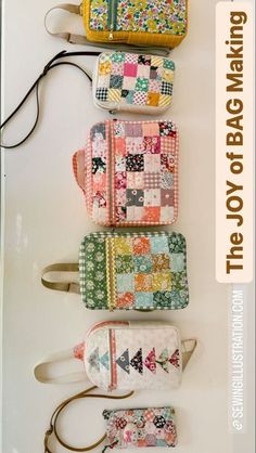 four purses lined up on top of each other with the words, the joy of bag sewing