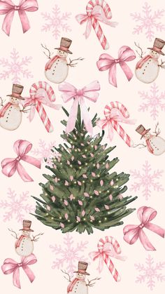 a christmas tree surrounded by candy canes and snowmen on a white background with pink bows