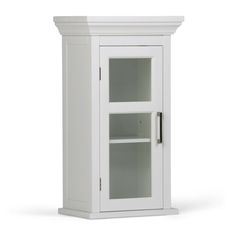 a white cabinet with glass doors and shelves