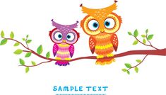 two owls sitting on a branch with leaves