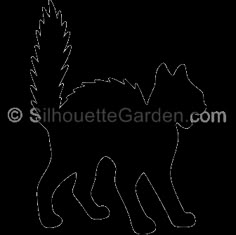 a black and white silhouette of a cat with long tail, standing on its hind legs