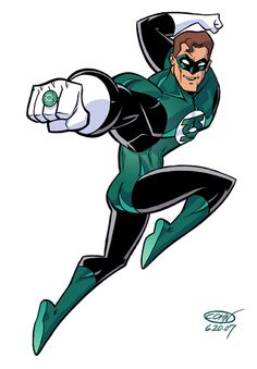 the green lantern is flying through the air with his arms out and one hand on his hip