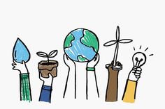 people holding up different types of utensils in front of a white background with the earth on it