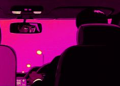 the interior of a car is lit up in purple and pink light, while two people sit inside